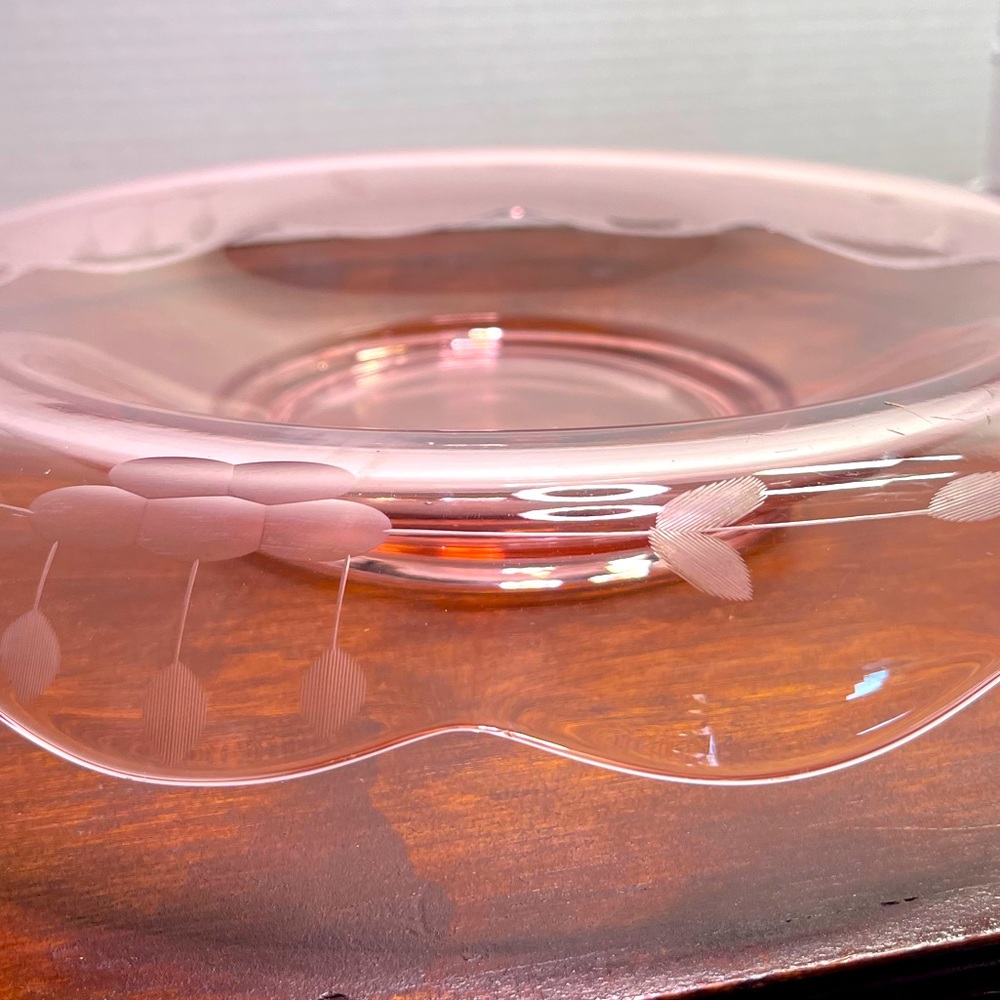 Vintage Cambridge Pink Depression Glass Console Bowl Acid Etched Floral 10.5”